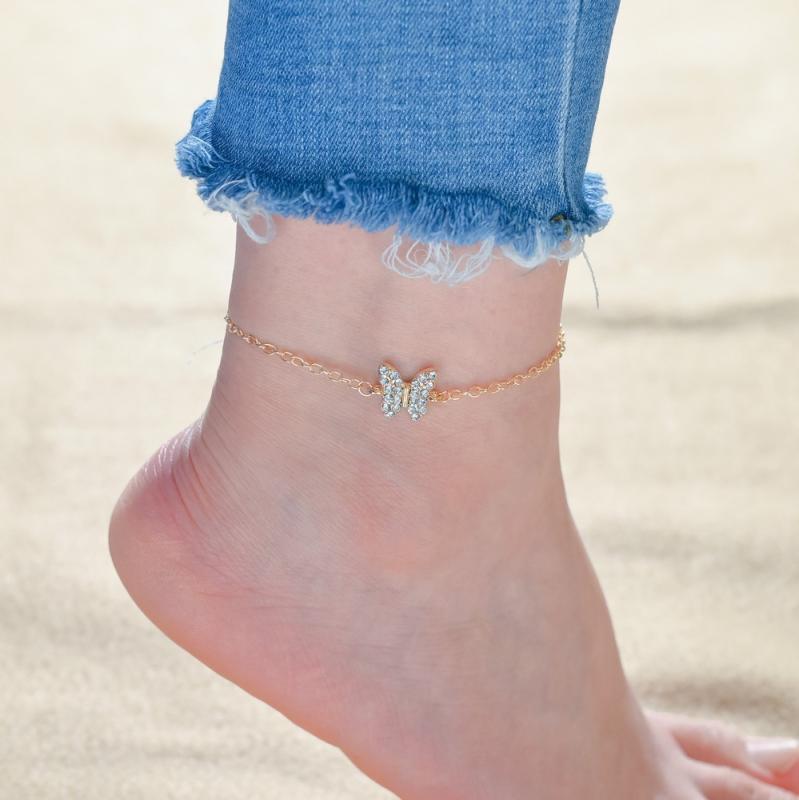 アンクレット レディース サマー 欧米風 ビーチ リゾート 蝶々 ジルコニア 一連 メタル 普段使い 上品 華奢 幾何学模様