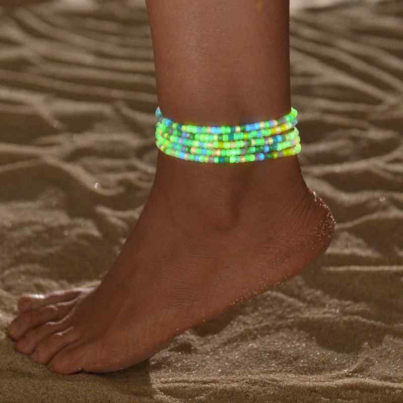 アンクレット レディース 女性用 ファッション ビーチリゾート カラフル アクリル 夜光 編み込み ビー..