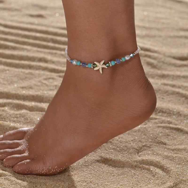 アンクレット レディース 女性用 ターコイズ ヒトデ フェイククリスタル パール ビーズ 伸縮性 大人女子 幾何学模様 普段使い リゾート 夏
