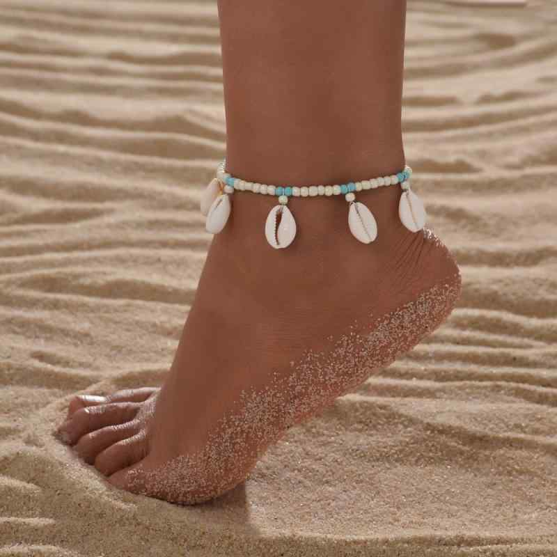 アンクレット レディース 天然貝殻 シェル ブルーホワイトビーズ ビーズ編み 幾何学模様 マリンテイス..