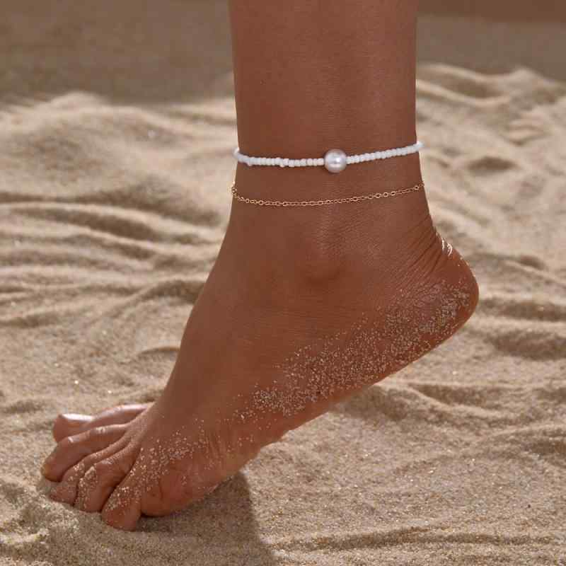 アンクレット レディース ボヘミアン 海辺 ビーチ 個性的 ホワイト 米ビーズ パール ダブル 重ね付け ..