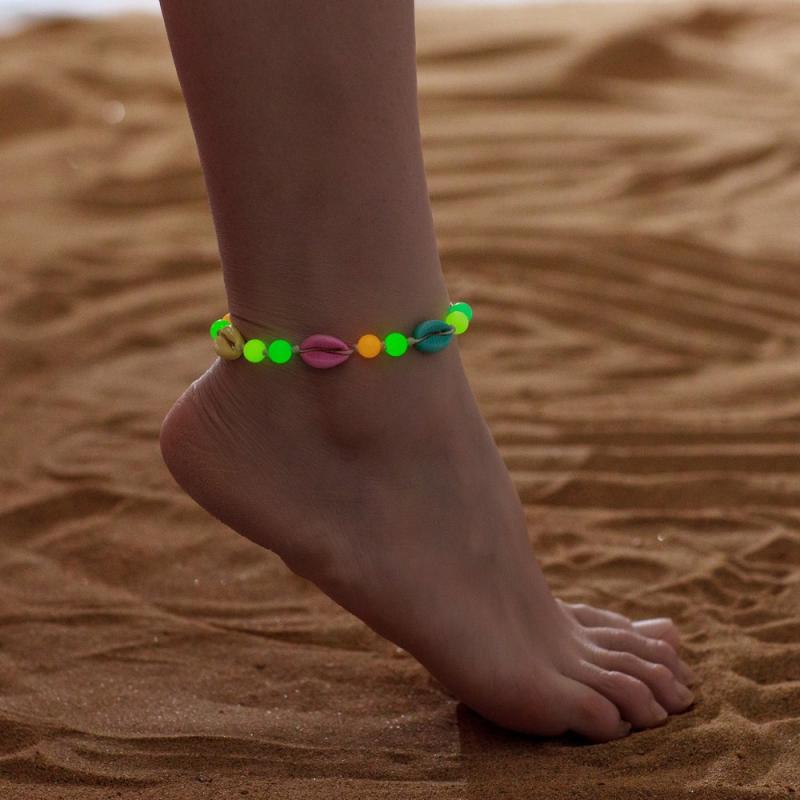 アンクレット レディース 蓄光 夜光 アクリル シェル ビーズ カラフル ワックスコード 蝋引き紐 編み込..