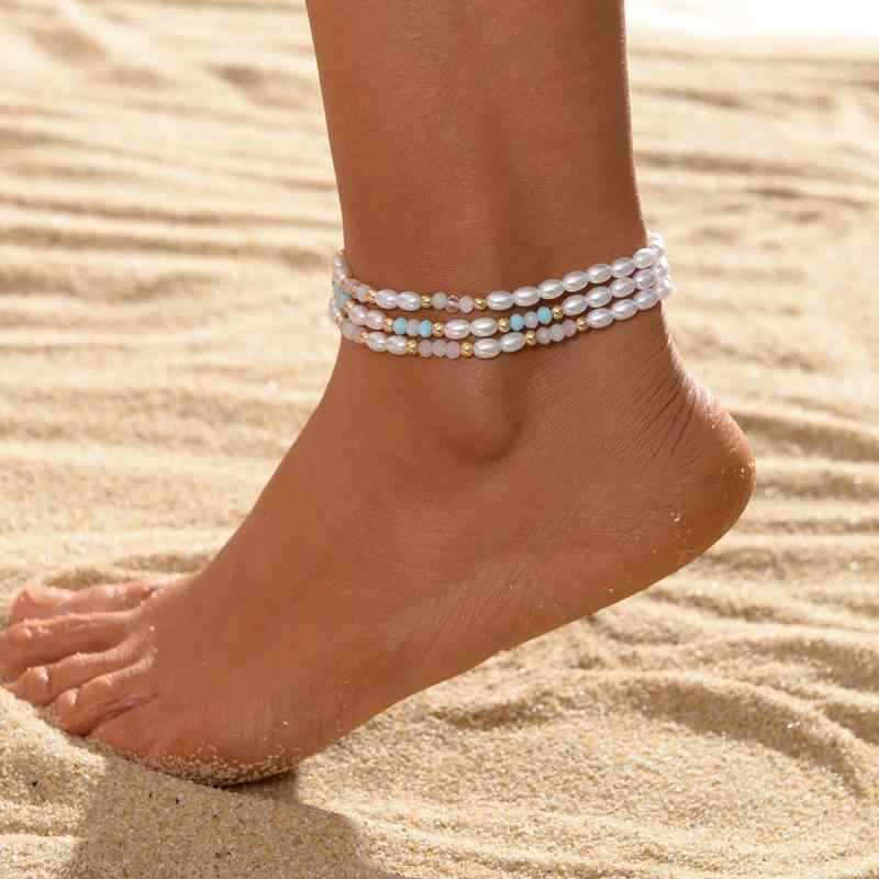 アンクレット レディース シンプル 個性的 パール レジン ビーズ 手編み 伸縮性 重ね付け レイヤードス..