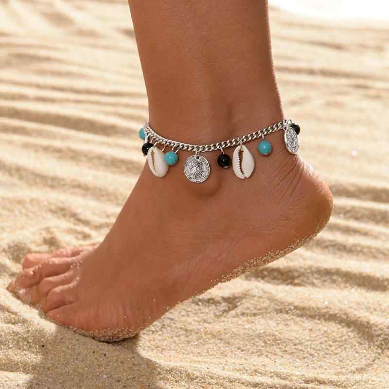 アンクレット レディース 女性用 マリンテイスト 合金 貝殻 ターコイズ 編み込み サイズ調整可能 ビーチ リゾート バカンス 夏 ファッション アクセサリー