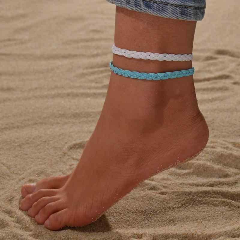 アンクレット レディース 重ね付け 編み込み 調節可能 2点セット 欧米風 ビーチ リゾート 個性的 幾何学デザイン 足首アクセサリー 春夏 カジュアル 普段使い 足元 おしゃれ