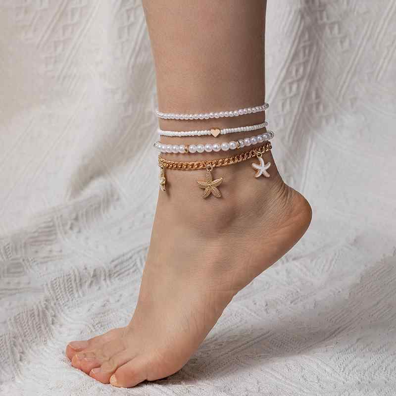 アンクレット レディース 春夏 マリン風 合金 ヒトデチャーム ハート ホワイト フェイクパール ビーズ 多層 重ね付け カジュアル ジュエリー 普段使い リゾ...