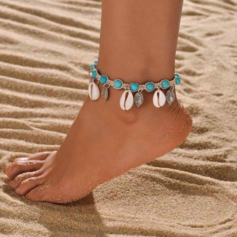 アンクレット ユニセックス おしゃれ マリンスタイル シェル 貝殻 合金 アンティークシルバー リーフ チャーム ターコイズ ビーズ 防水 ワックスコード 編み込み ボヘミアン 春夏