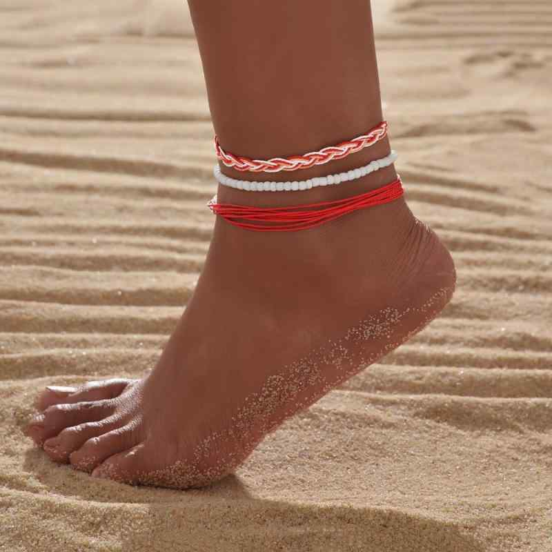アンクレット レディース ボヘミアン ホワイト シードビーズ レッド ホワイト ロープ ツイスト編み込み サイズ調整可能 軽量 カジュアル 3点セット