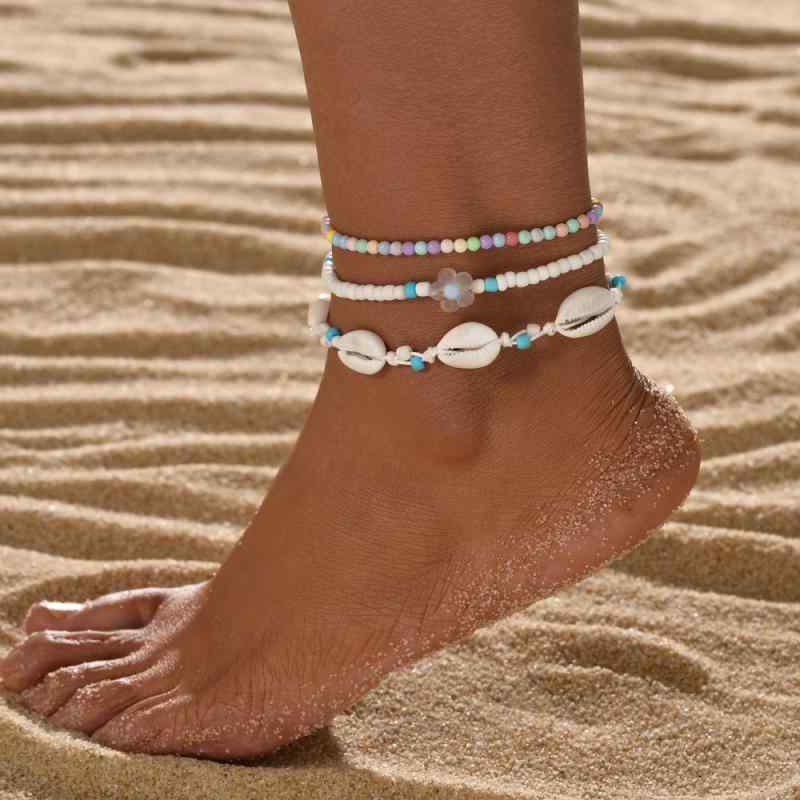 アンクレット ユニセックス ボヘミアン エスニック カラフル シェル フラワー シードビーズ ワックスコード 編み込み 防水 3連 セット 春夏 リゾート 普段使い