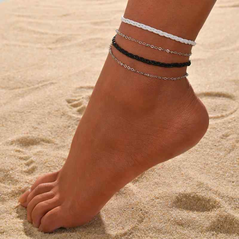 アンクレット 男女兼用 防水 ワックスコード 編み込み 合金 二連 ダブル シンプル カジュアル ビーチ リゾート パーティー 旅行 記念 デイリーユース 普段使い 足元アクセサリー 幾何学模様