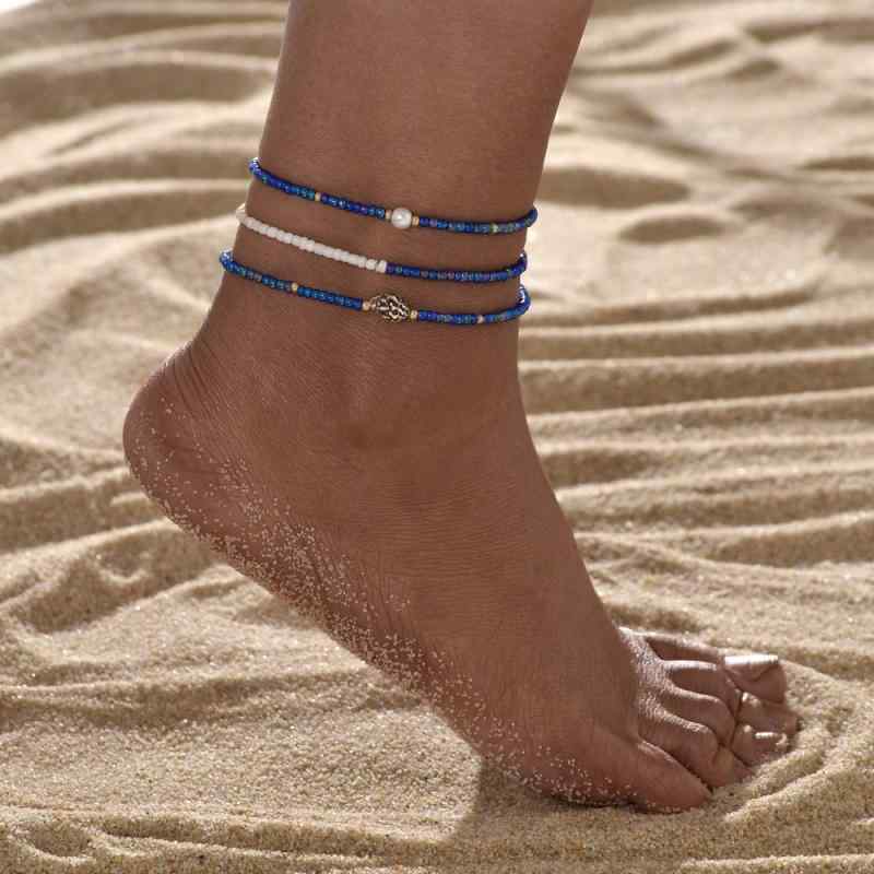 アンクレット レディース ボヘミアン リゾート風 天然 シェル パール パール 米粒ビーズ 伸縮 ゴム 3連 セット ビーチ 夏 バカンス 足首飾り おしゃれ