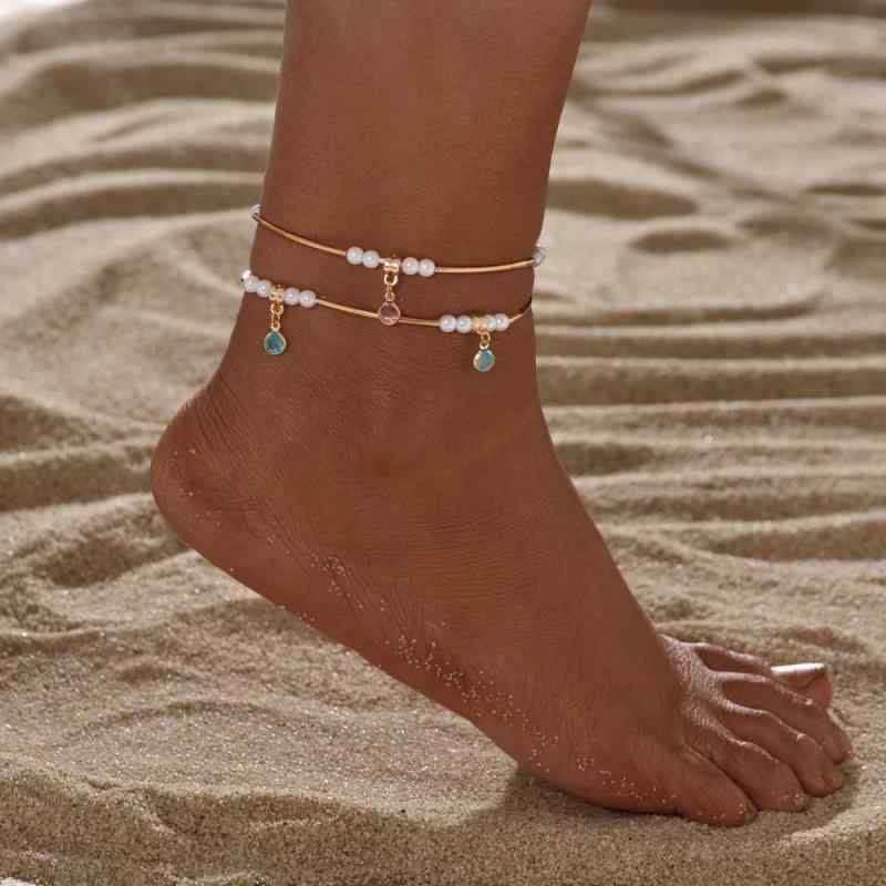 アンクレット レディース 女性用 ラインストーン パール 弧状チューブビーズ 伸縮性 2点セット リゾート パーティー 普段使い カジュアル スタイリッシュ モダン 華奢 樹脂製 春夏
