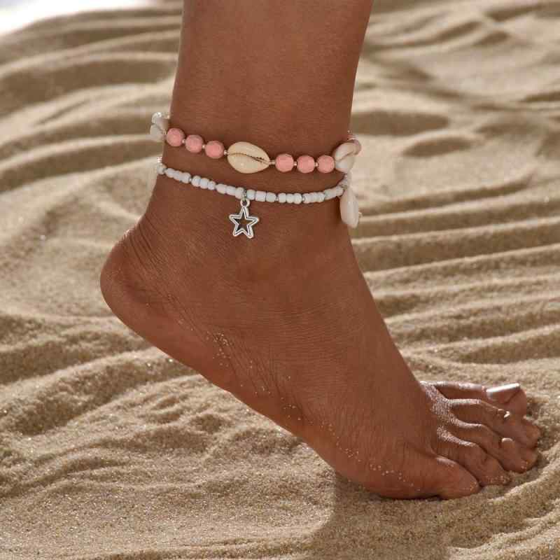 アンクレット レディース マリンスタイル 天然貝 星 透かしチャーム クリスタルビーズ 防水 ワックスコード 2点セット 夏 ビーチ リゾート