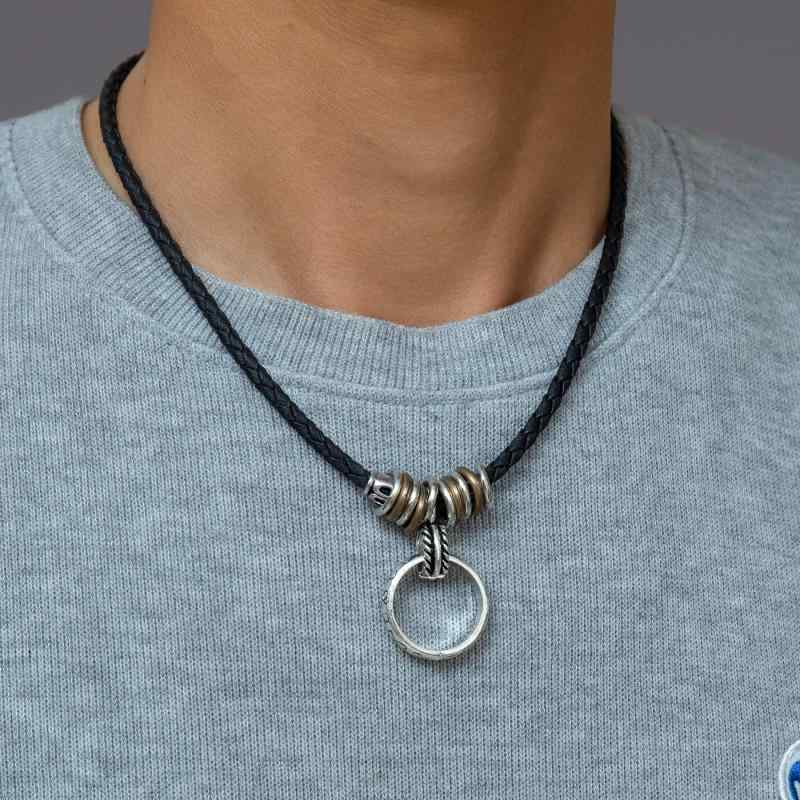 楽天花りぼんネックレス メンズ レトロ調 合金 アンティークシルバー 彫り込み サークル ペンダント レザー編み込み 電気メッキ加工 幾何学模様 通勤 休日 普段使い アウトドア
