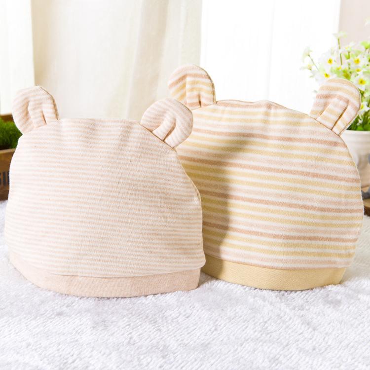 ベビー帽子 新生児 0-3ヶ月 赤ちゃん用 ストライプ柄 ボーダー柄 ダブルレイヤー 柔らかい 肌に優しい コットン素材 通気性 アイボリー グリーン ブラウン 出産祝い ギフト