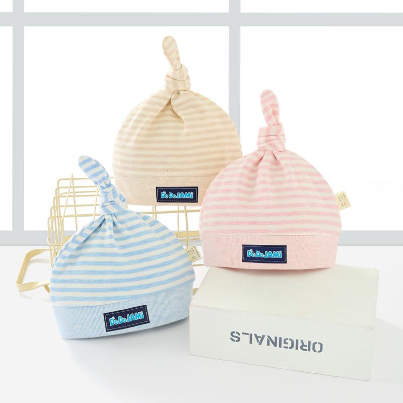 ベビー帽子 新生児 赤ちゃん用 秋冬 防寒 あったか ソフトフリース ダブルレイヤー 保温 トップノット ストライプ柄 ピンク ブルー ナチュラルカラー ふわふわ 柔らか(x3)