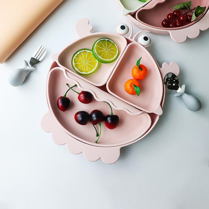 食器 ベビー 子供用 食品用シリコン 仕切り付き カートゥーン カニ 離乳食 プレート 自主摂食 ボウル 食洗機対応 カラフル ピンク ライトグリーン