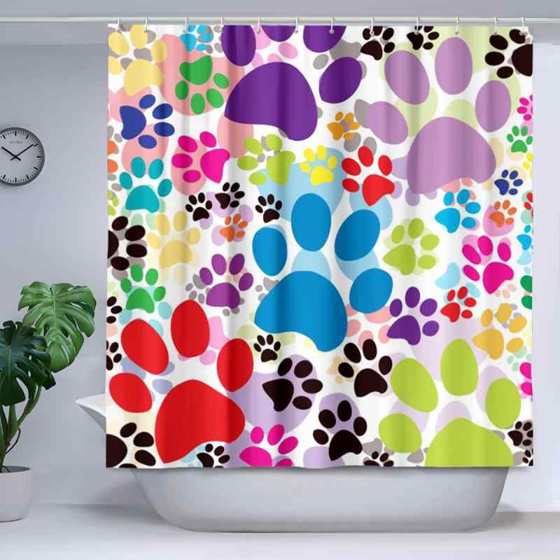 シャワーカーテン 肉球柄 アニマルデザイン 穴開け不要 突っ張り棒式 バスルーム 間仕切り 防水 防カビ 目隠し ポリエステル製 モダン シンプル 簡単設置