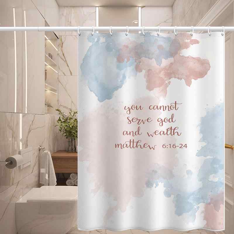 シャワーカーテン アルファベット 雲柄 防水 防カビ ポリエステル L字型 間仕切り 浴室用ロッド 突っ張り棒 穴あけ不要