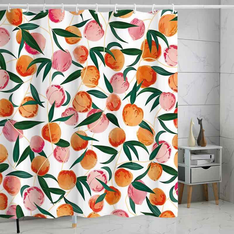 シャワーカーテン デジタルプリント フルーツ ピーチ柄 かわいい 防水 撥水 防カビ 防湿 ポリエステル製 アメリカンスタイル 浴室用 間仕切り 目隠し