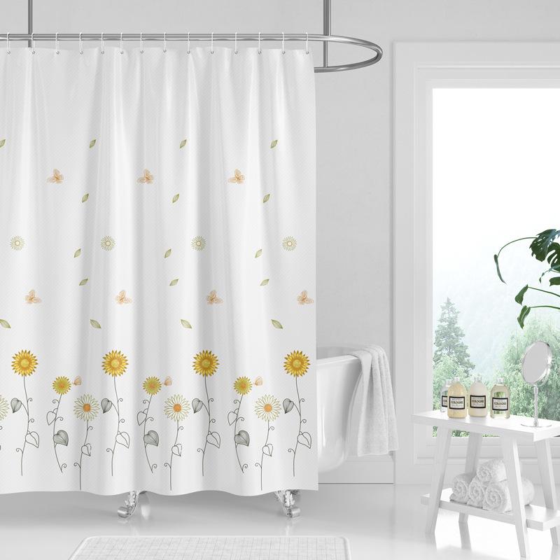 シャワーカーテン ポリエステル製 防水 防カビ はっ水加工 ひまわり柄 フラワーデザイン 浴室 バスルーム お風呂用 カントリー調 モダン おしゃれ 軽量