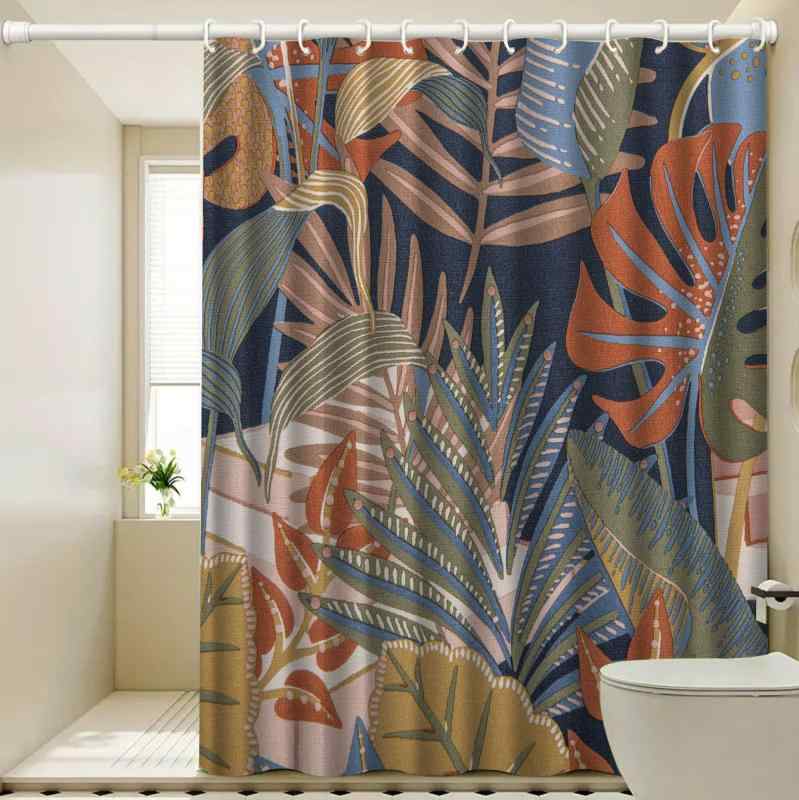 シャワーカーテン バスルーム用 ポリエステル 厚手 デジタルプリント 防水 防カビ 穴あけ不要 つっぱり式 植物柄 トロピカルリーフ柄