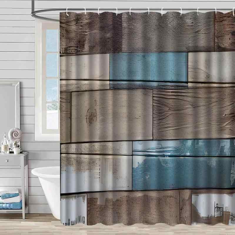 シャワーカーテン 木目調 ウッド調 ポリエステル製 防水 防カビ 撥水加工 浴室 バスルーム ユニットバス 間仕切り 目隠し 洗える 上質 高級感 穴あけ不要