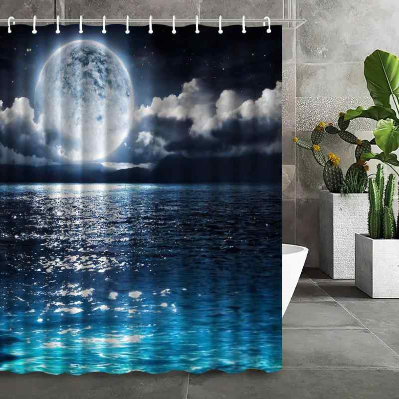 シャワーカーテン 月柄 宇宙柄 間仕切り 防水 防カビ デジタルプリント ポリエステル製 穴開け不要 浴室用 バスルーム用 ワイドサイズ