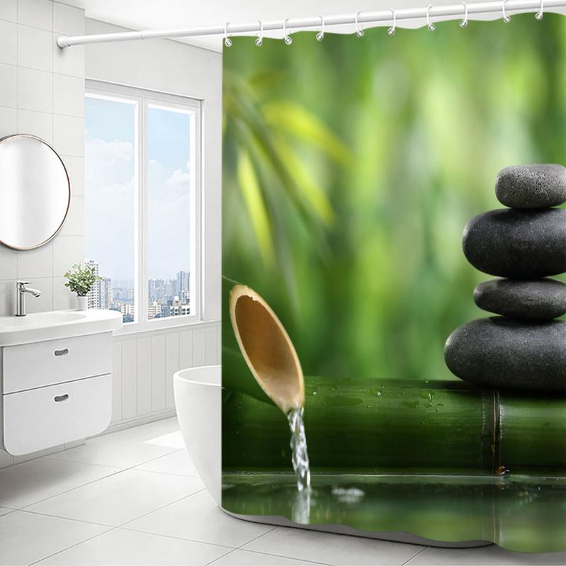 シャワーカーテン 禅宗デザイン 石柄 3Dデジタルプリント 防水 ポリエステル 浴室 バスルーム お風呂 防カビ加工 撥水 速乾性 お手入れ簡単