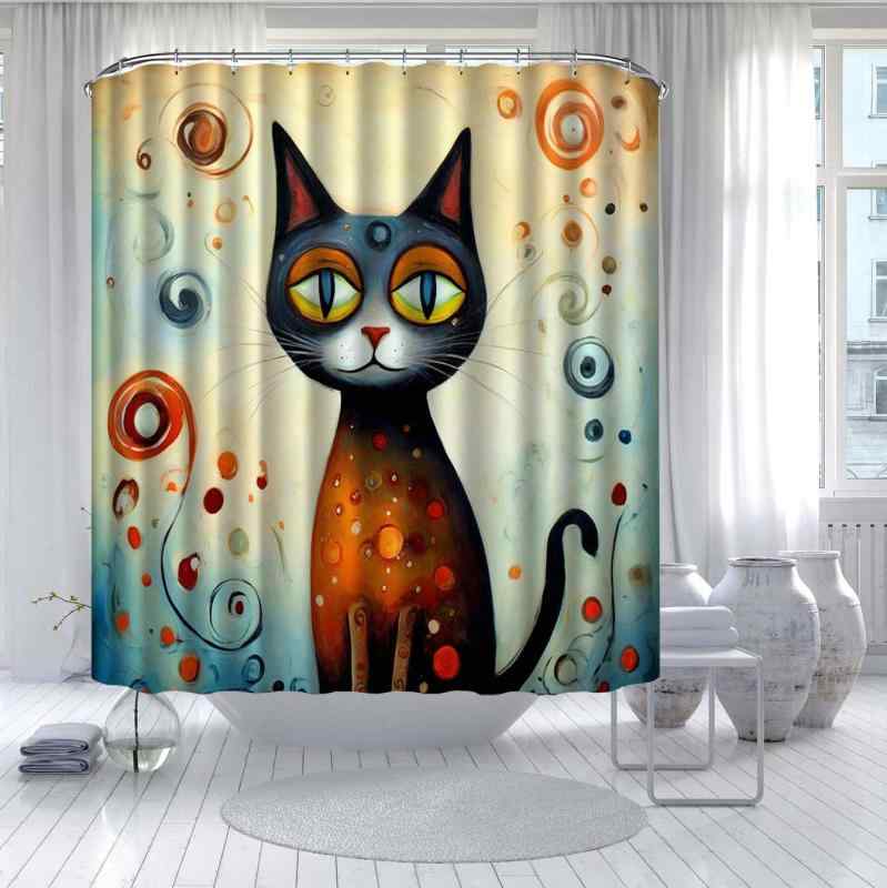 シャワーカーテン 防水 ポリエステルの 立体的な3Dプリント かわいい猫柄 レトロ ヴィンテージ風 浴室用 間仕切り 防カビ 厚手