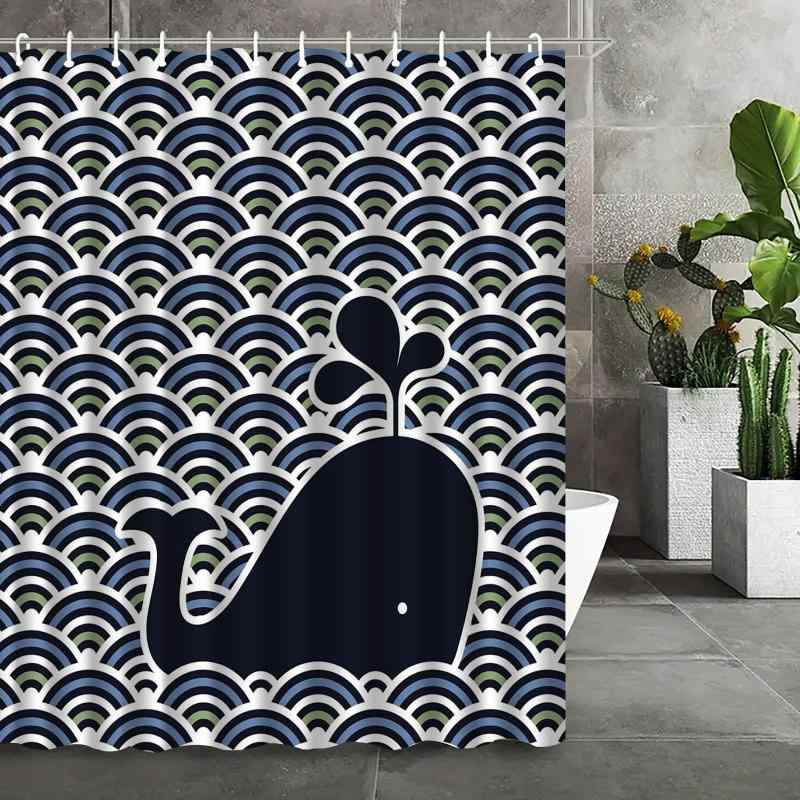 シャワーカーテン かわいい クジラ柄 ポリエステル 防水 穴開け不要 つっぱり式 デジタルプリント 間仕切り 目隠し バスルーム ユニットバス 海洋風