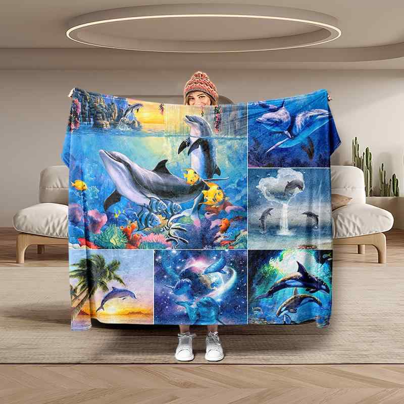 ブランケット フランネル ポリエステル イルカ柄 スタイリッシュ モダン シンプル 薄手 軽量 お昼寝 冷房対策 ソファカバー マルチカバー ひざ掛け 快適 肌触り(x2)