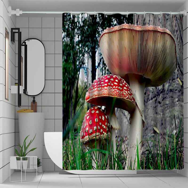 シャワーカーテン 3Dデジタルプリント 防水 防カビ 厚手 ポリエステル キノコ柄 絵画風 アートデザイン 浴室用 お風呂場 間仕切り 穴あけ不要