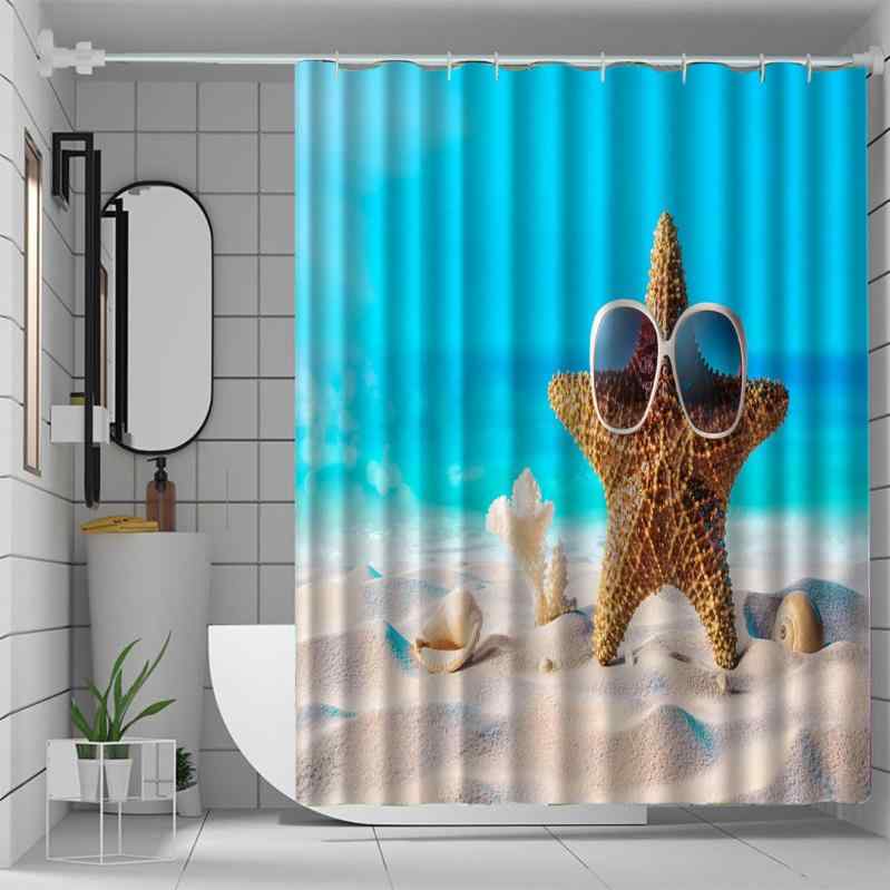 シャワーカーテン 防水 防カビ加工 撥水加工 ポリエステル生地 海洋柄 貝殻モチーフ プリントデザイン 浴室 バスルーム お風呂 間仕切り 目隠し インテリア