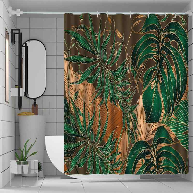 シャワーカーテン 3D 高画質 デジタルプリント 熱帯植物柄 ボタニカル リーフ柄 シンプル モダン 防水 ポリエステル製 バスルーム 浴室 インテリア 穴あけ不要