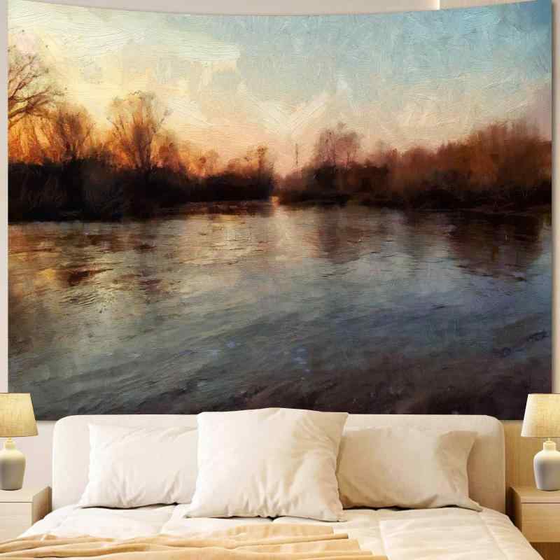 タペストリー クラシック レトロ 絵画風 湖畔風景 自然景観 北欧 ウォールデコ 壁掛け リビング 寝室 インテリア ポリエステル 手洗い可能