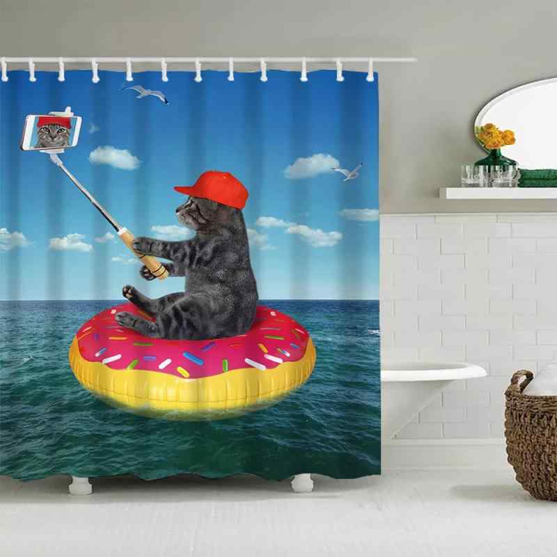 シャワーカーテン 防水 ポリエステル生地 デジタルプリント おもしろい ユニーク かわいい猫自撮りデザイン 浴室 バスルーム 間仕切り 目隠し 風呂用