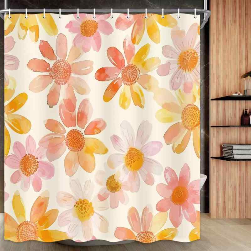 シャワーカーテン バスルーム 浴室用 水彩 花柄 フラワー デジタルプリント シンプル スタイル おしゃれ かわいい 防水 ポリエステル 間仕切り 目隠し フック付き お風呂