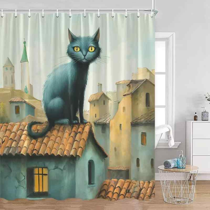 シャワーカーテン 猫 ユニーク おもしろデザイン ねこ柄 バスルーム 浴室 間仕切り 防水加工 ポリエステル製 デジタルプリント かわいい クール スタイリッシュ 目隠し