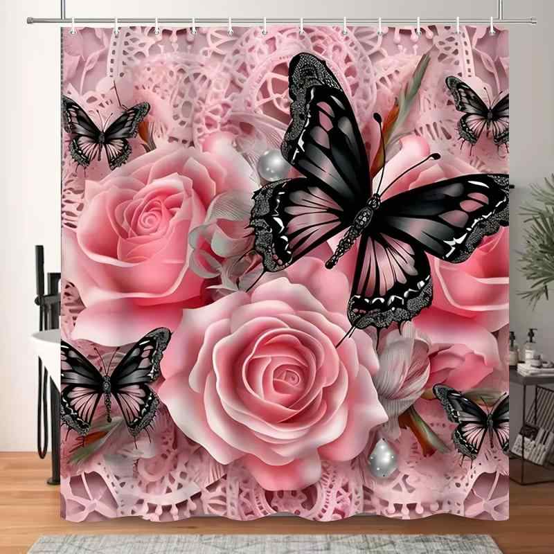 シャワーカーテン エレガント ピンクローズ 黒い蝶 デジタルプリント 浴室用 間仕切り 防水加工 ポリエステル製 フック付き お風呂 バスルーム おしゃれ モダン