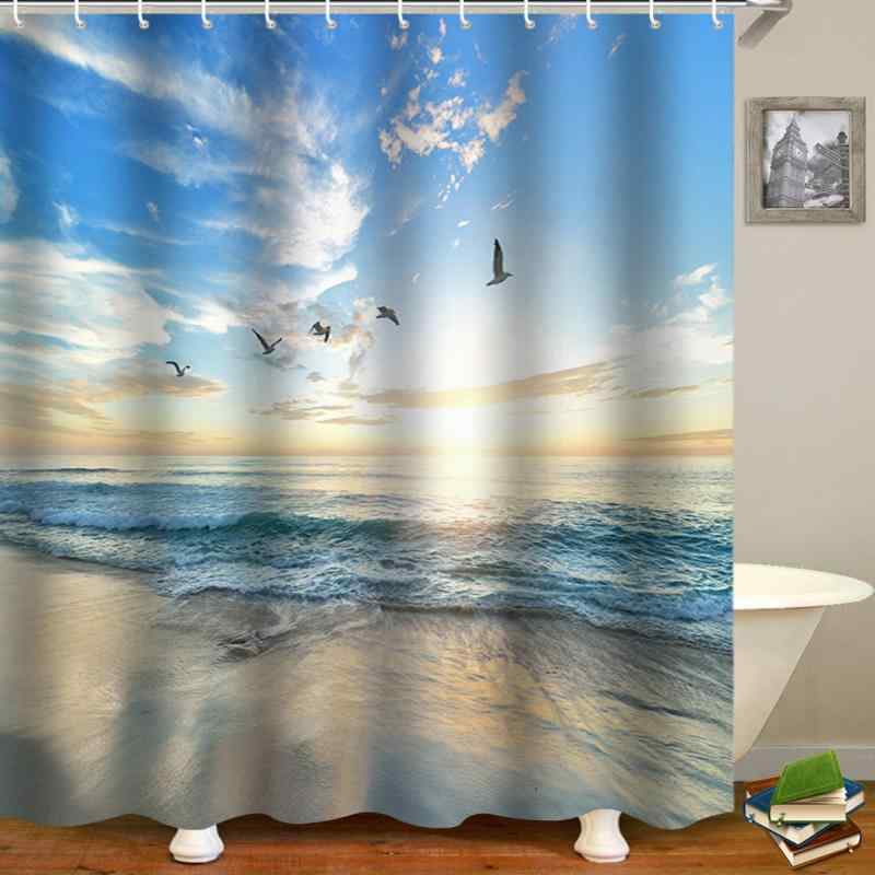 シャワーカーテン ハワイアン 海辺風景 オーシャンビュー リゾート柄 撥水 デジタルプリント ポリエステル製 バスルーム 間仕切り フック付き