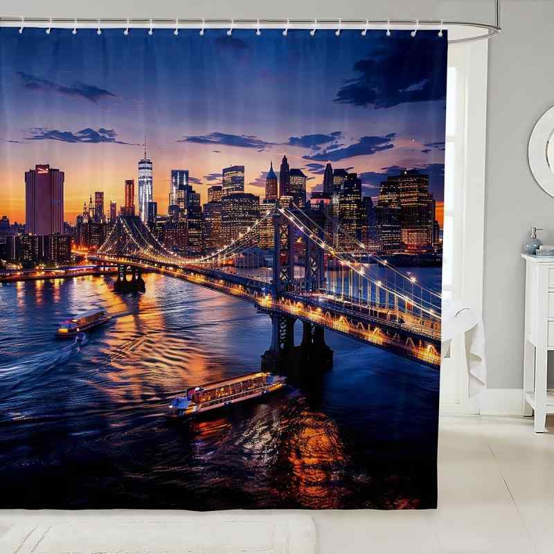 シャワーカーテン 街並み 都市建築 デジタルプリント 防水 撥水 防カビ ポリエステル 浴室 バスルーム 間仕切り フック付き 目隠し インテリア おしゃれ デザイン