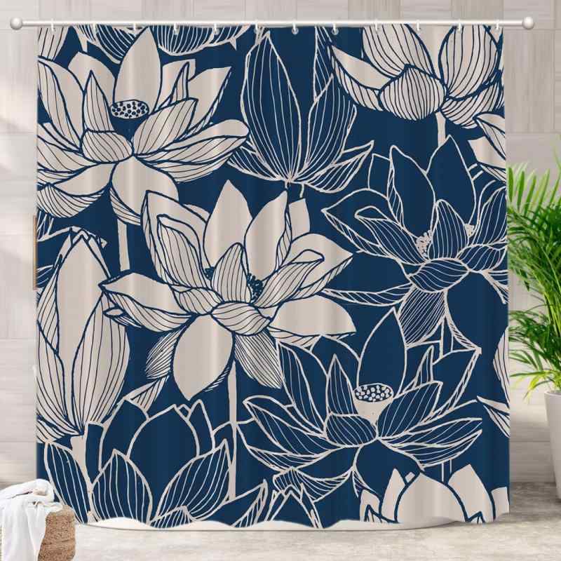 シャワーカーテン 蓮の花柄 紺色 ネイビー 防水 撥水 ポリエステル製 バスルーム 間仕切り 目隠し デジタルプリント インテリア装飾