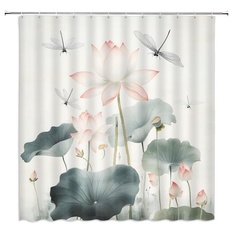 シャワーカーテン 中国風 モダン 蓮 ロータス 蓮の葉柄 デジタルプリント 防水 ポリエステル製 バスル..