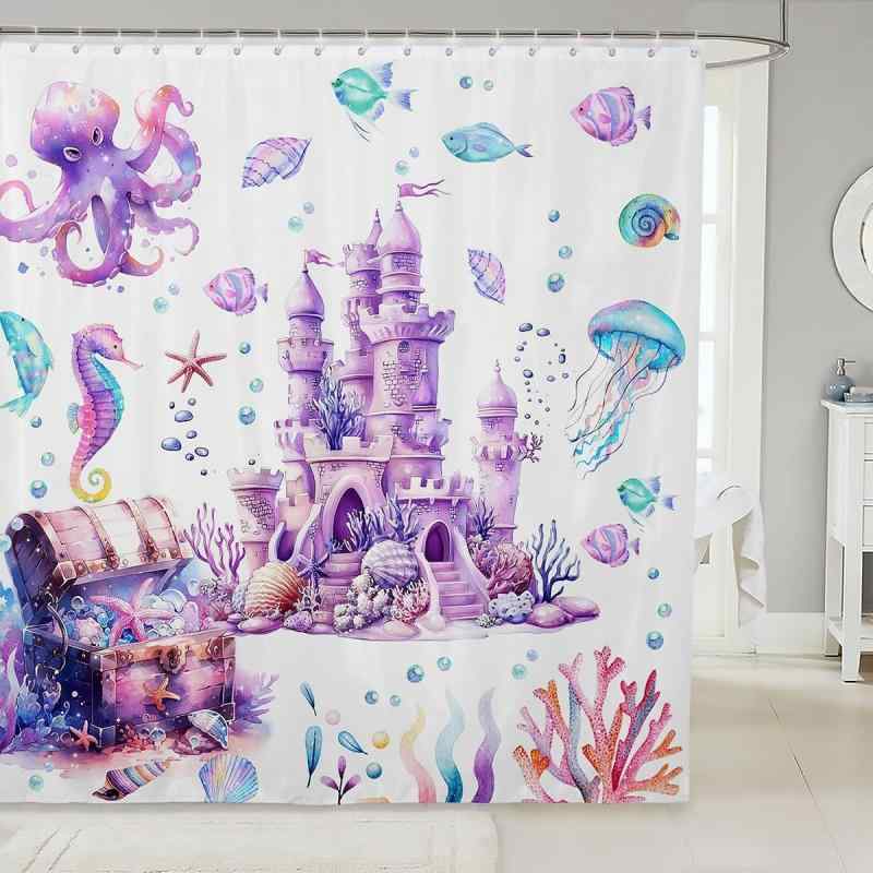 シャワーカーテン 夢見る ファンタジー スイート かわいい キャッスル オクトパス デジタルプリント 防..