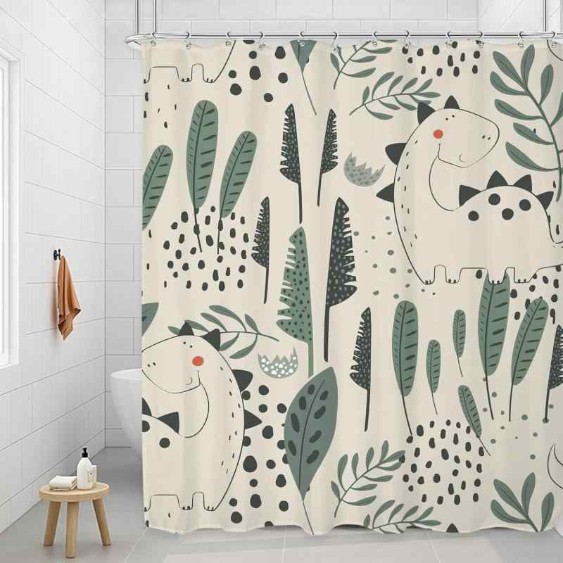 シャワーカーテン シンプル モダン 防水 防カビ ポリエステル製 手書き風 恐竜 動物 アニマル柄 デジタルプリント 浴室 バスルーム お風呂 間仕切り 目隠し おしゃれ かわいい フック付き