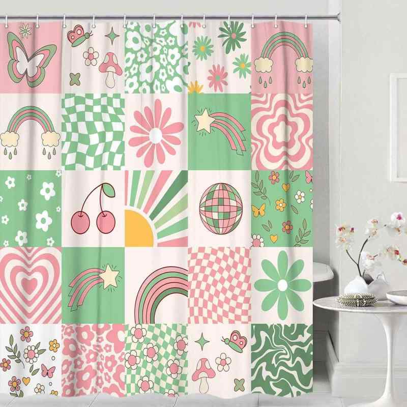 シャワーカーテン キッズ 子供用 かわいい おしゃれ マカロンカラー チェック柄 花柄 カラフル 防水 ポリエステル デジタルプリント バスルーム 浴室 間仕切り