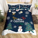 布団カバーセット キッズ 子供用 クリスマス 雪の結晶 雪だるま クリスマスツリー 星柄 掛け布団カバー 枕カバー ベッドシーツ ブルー 3点セット ポリエステル 冬用