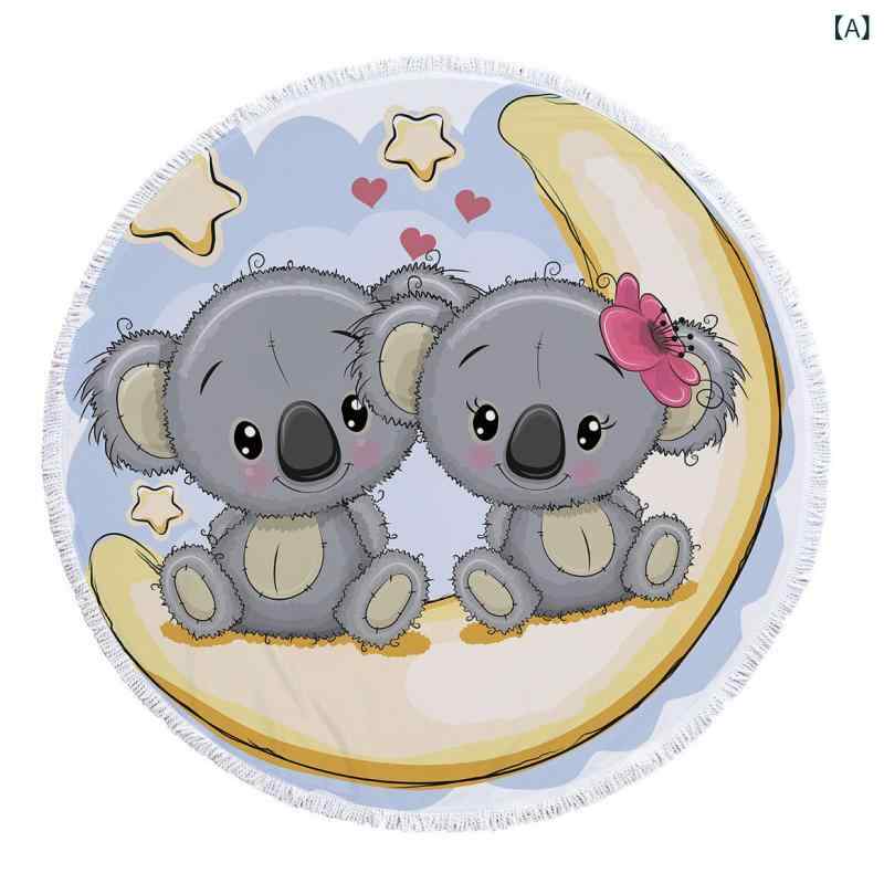 ビーチタオル 円形 コアラ柄 マイクロファイバー フリンジ デジタルプリント プール 海水浴 レジャー 吸水速乾 軽量 コンパクト(x2)