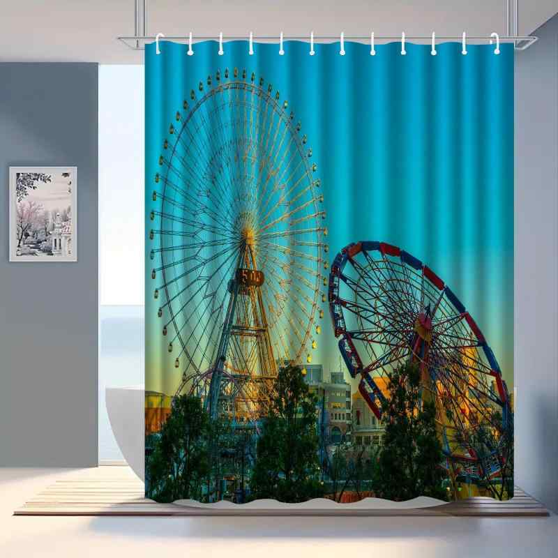 シャワーカーテン 観覧車柄 防水 防カビ 厚手 ポリエステル 浴室 バスルーム 間仕切り 目隠し 空間分離 湿気対策 遊園地風 アミューズメントパーク風 プライバシー保護